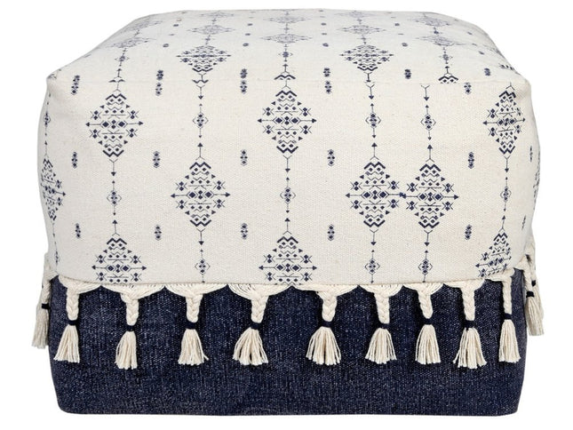 18" Natural And Navy Blue Cotton Medallion Pouf Ottoman