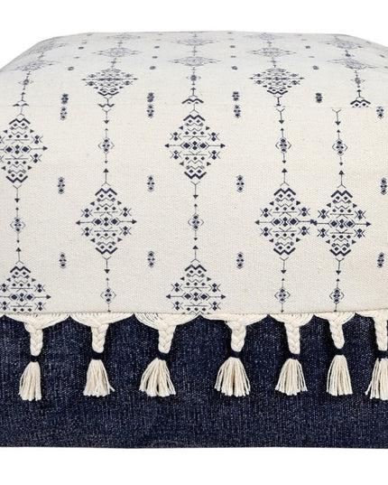 18" Natural And Navy Blue Cotton Medallion Pouf Ottoman