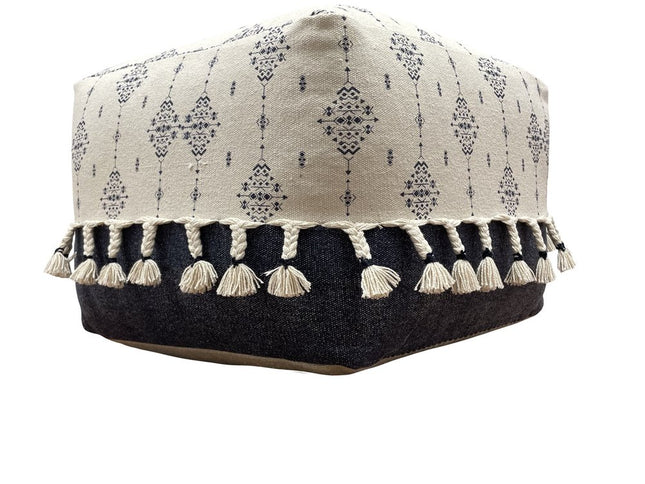 18" Natural And Navy Blue Cotton Medallion Pouf Ottoman