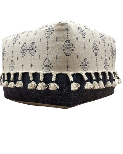 18" Natural And Navy Blue Cotton Medallion Pouf Ottoman