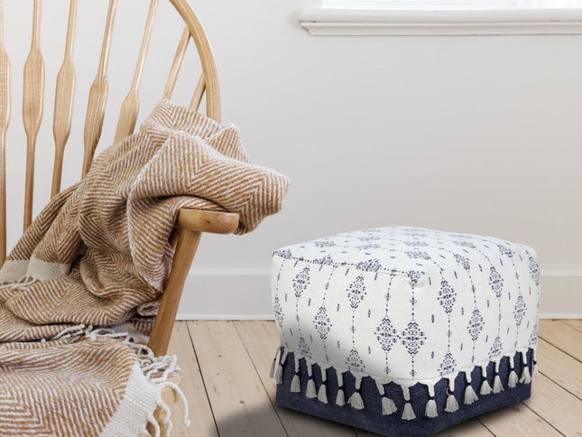 18" Natural And Navy Blue Cotton Medallion Pouf Ottoman
