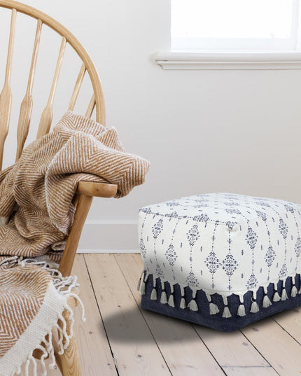 18" Natural And Navy Blue Cotton Medallion Pouf Ottoman