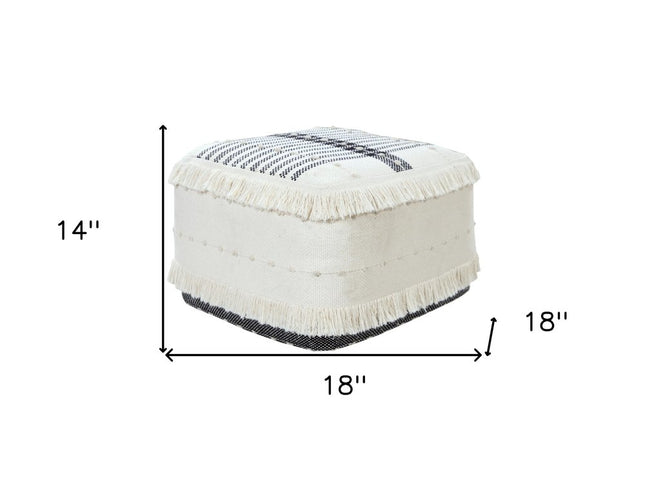 18" White Cotton Striped Pouf Ottoman