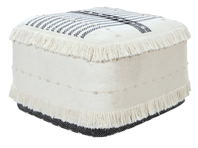 18" White Cotton Striped Pouf Ottoman