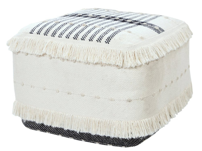 18" White Cotton Striped Pouf Ottoman