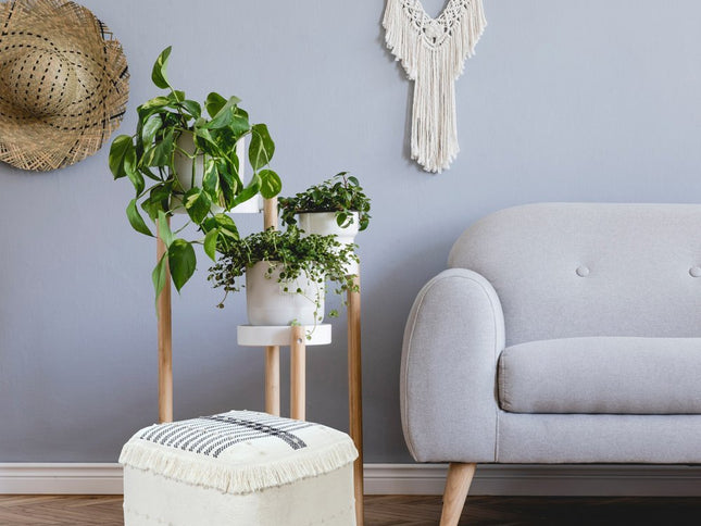 18" White Cotton Striped Pouf Ottoman