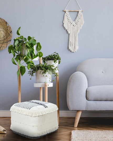 18" White Cotton Striped Pouf Ottoman