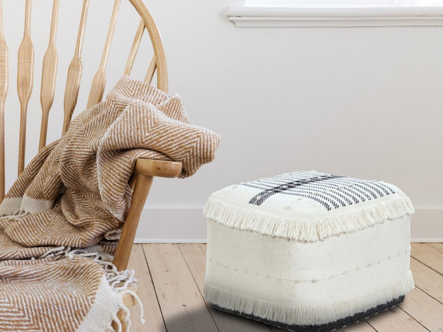 18" White Cotton Striped Pouf Ottoman
