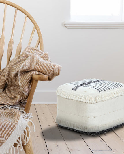 18" White Cotton Striped Pouf Ottoman