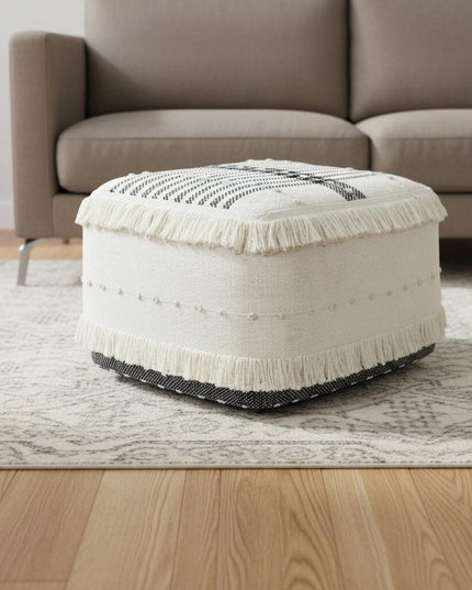 18" White Cotton Striped Pouf Ottoman