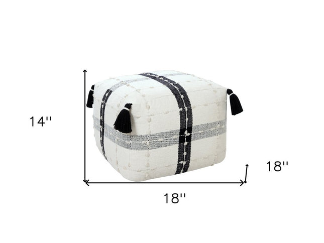 18" Black Cotton Striped Pouf Ottoman