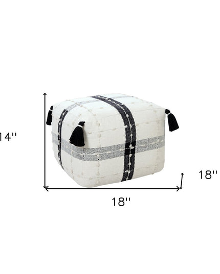 18" Black Cotton Striped Pouf Ottoman