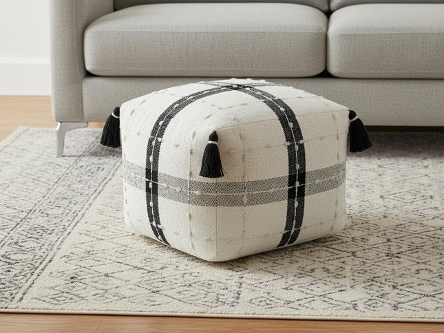 18" Black Cotton Striped Pouf Ottoman