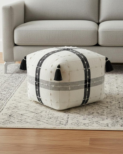 18" Black Cotton Striped Pouf Ottoman