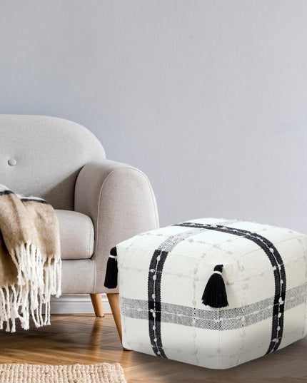 18" Black Cotton Striped Pouf Ottoman