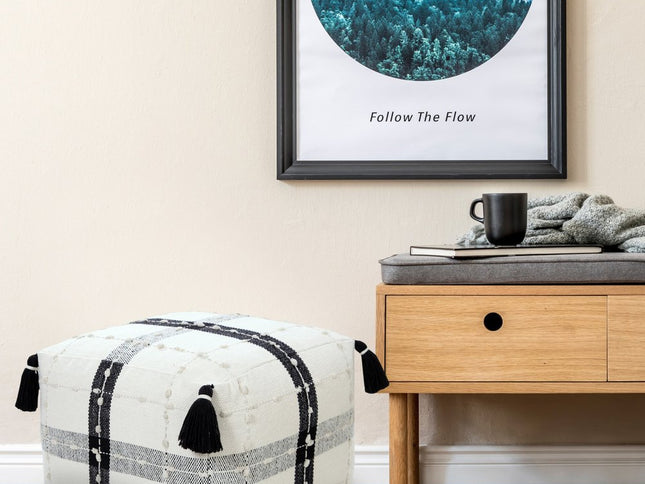 18" Black Cotton Striped Pouf Ottoman