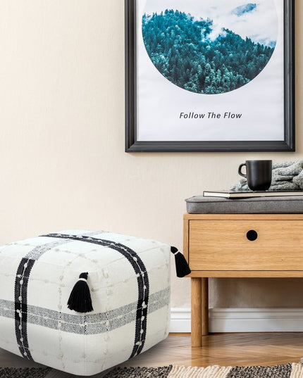 18" Black Cotton Striped Pouf Ottoman