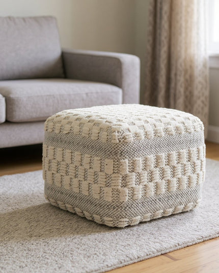 18" Beige Geometric Pouf Ottoman