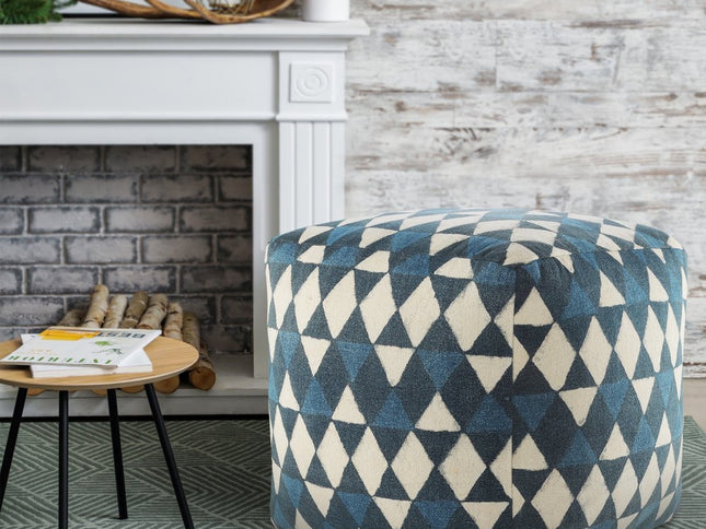 20" Blue Cotton Geometric Pouf Ottoman