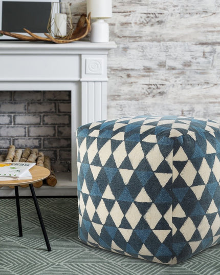 20" Blue Cotton Geometric Pouf Ottoman