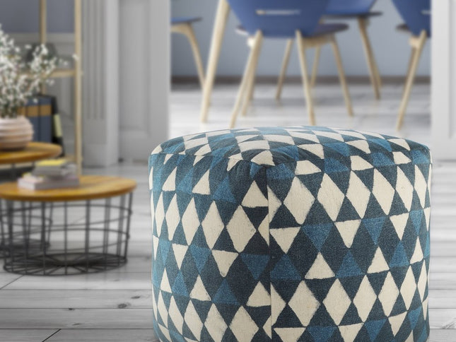 20" Blue Cotton Geometric Pouf Ottoman