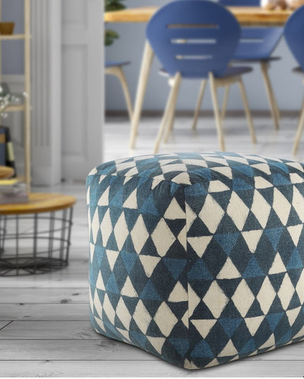20" Blue Cotton Geometric Pouf Ottoman