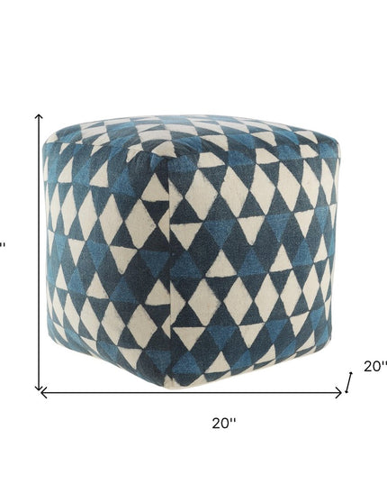 20" Blue Cotton Geometric Pouf Ottoman