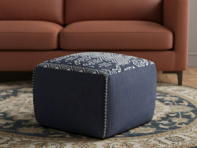 18" Blue Cotton Geometric Pouf Ottoman