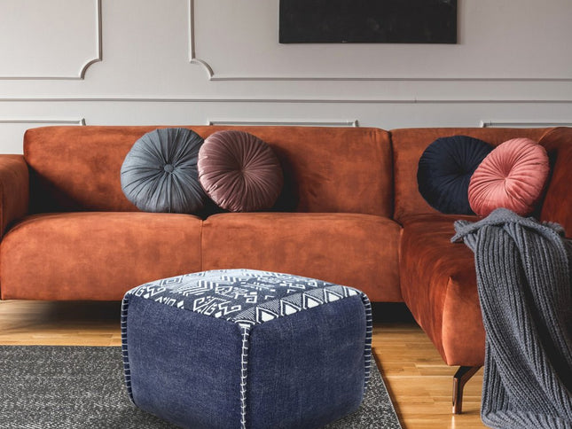 18" Blue Cotton Geometric Pouf Ottoman