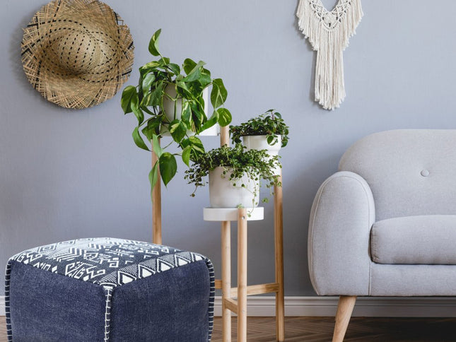 18" Blue Cotton Geometric Pouf Ottoman