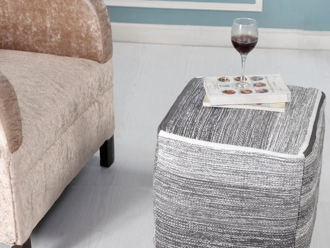 16" Gray Cotton Striped Pouf Ottoman