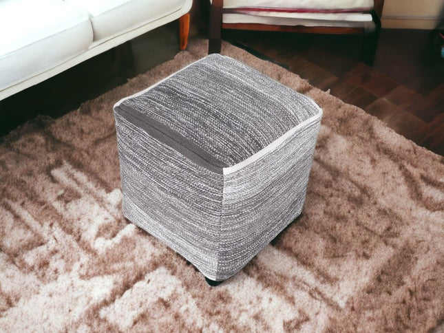 16" Gray Cotton Striped Pouf Ottoman