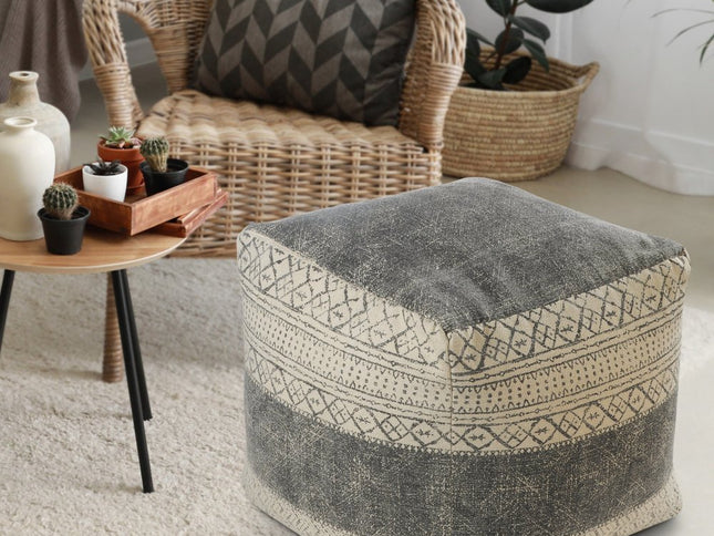 20" Cream Cotton Tribal Pouf Ottoman