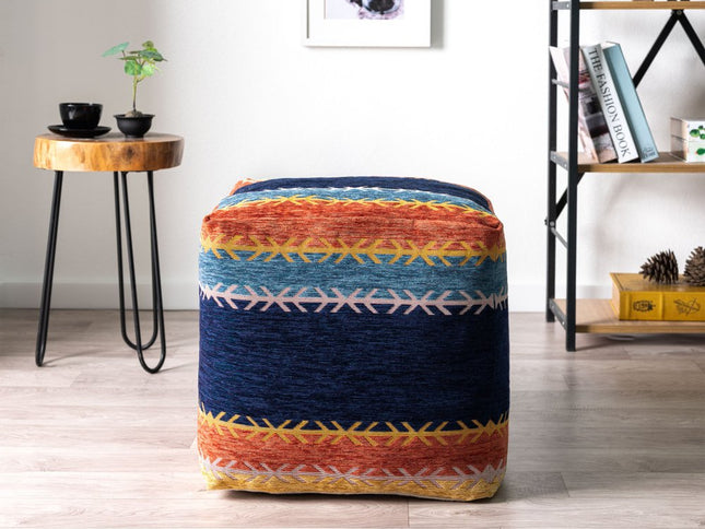 18" Blue And Orange Polyester Blend Striped Pouf Ottoman