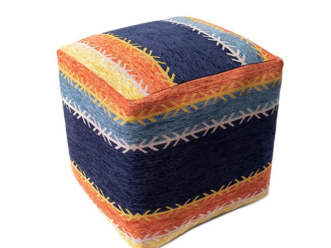 18" Blue And Orange Polyester Blend Striped Pouf Ottoman