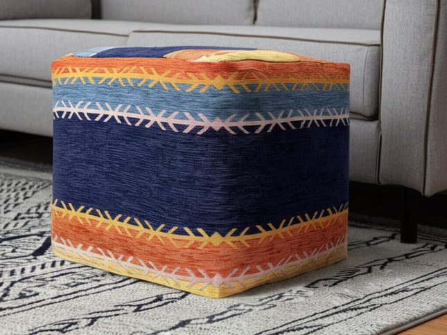 18" Blue And Orange Polyester Blend Striped Pouf Ottoman