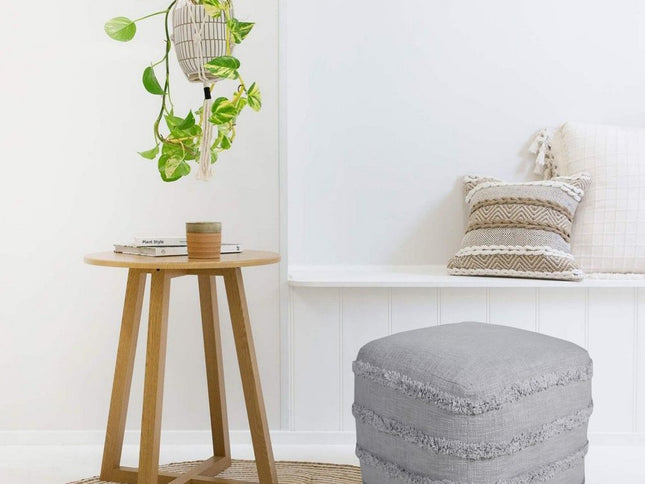 18" Cream Cotton Tufted Cube Striped Pouf Ottoman