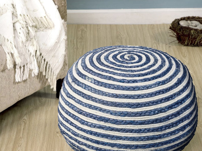 20" Gray Cotton Blend Round Striped Pouf Ottoman