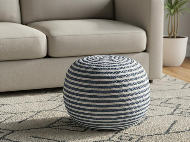 20" Gray Cotton Blend Round Striped Pouf Ottoman
