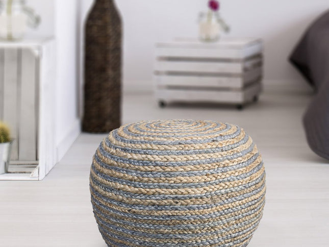 20" Gray Cotton Blend Round Striped Pouf Ottoman
