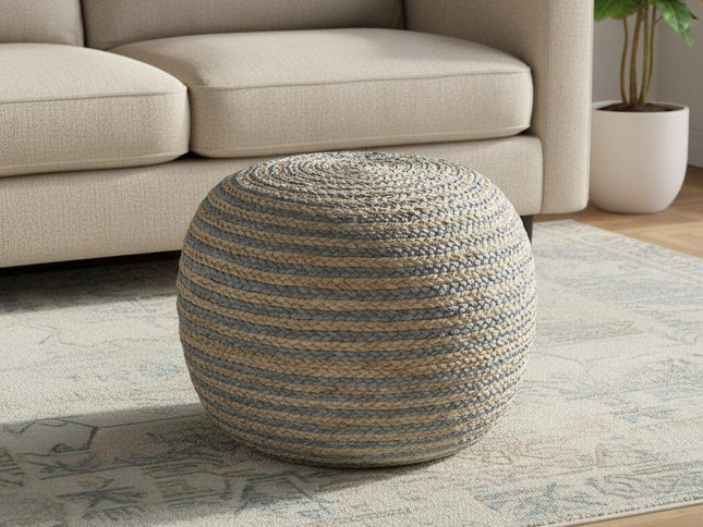 20" Gray Cotton Blend Round Striped Pouf Ottoman