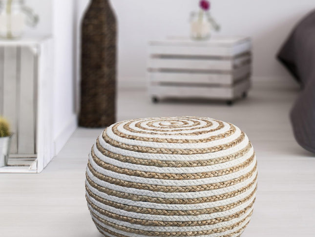 20" Gray Cotton Blend Round Striped Pouf Ottoman