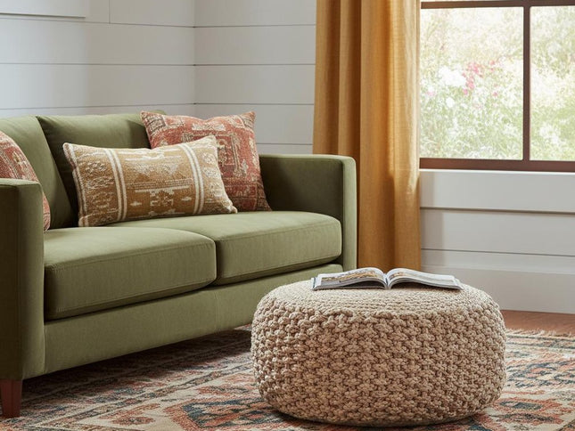 20" Tan Round Geometric Pouf Ottoman
