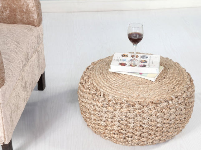 20" Tan Round Geometric Pouf Ottoman