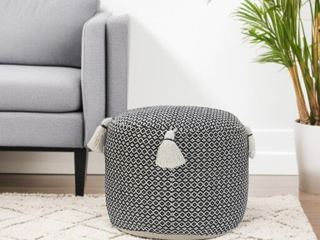 18" Black Cotton Cylinder Geometric Pouf Ottoman