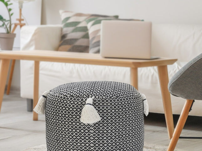 18" Black Cotton Cylinder Geometric Pouf Ottoman