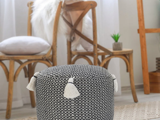 18" Black Cotton Cylinder Geometric Pouf Ottoman