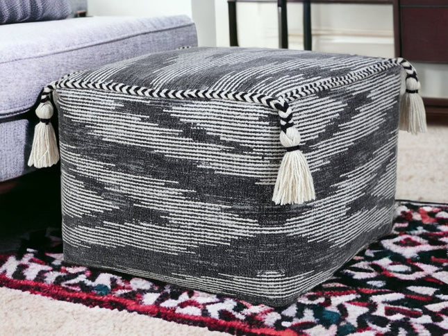 18" Gray Cotton Striped Pouf Ottoman