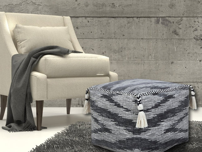 18" Gray Cotton Striped Pouf Ottoman