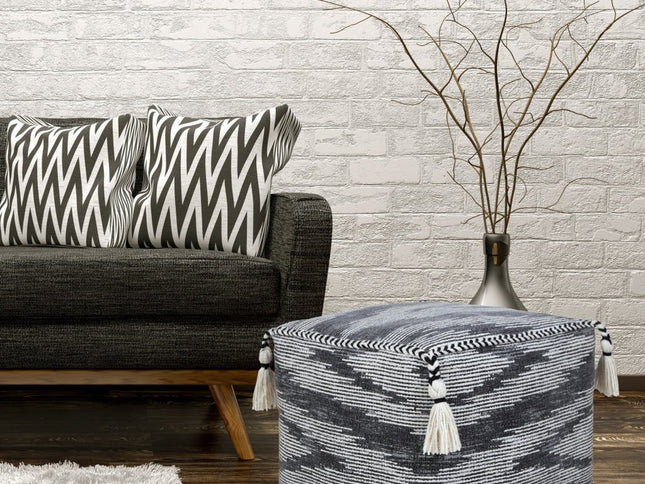 18" Gray Cotton Striped Pouf Ottoman